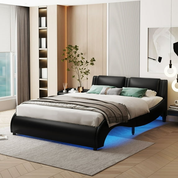 Led Bed Frame Full Modern Upholstered Faux Leather Headboard Wood Bed, Adults, Black