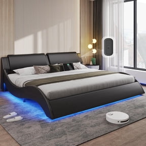 Led Bed Frame King Size Platform Bed Frame with LED Lights&USB Ports&Headboard,Low Profile Wave-like Curve King Bed, No Box Spring Needed, Black