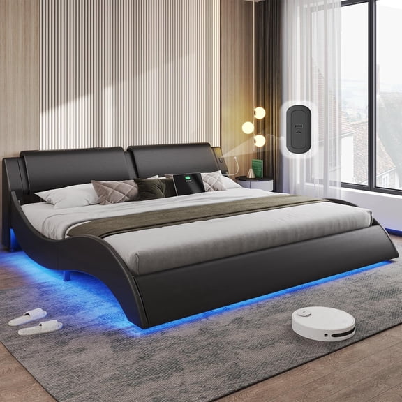Led Bed Frame King Size Platform Bed Frame with LED Lights&USB Ports&Headboard,Low Profile Wave-like Curve King Bed, No Box Spring Needed, Black