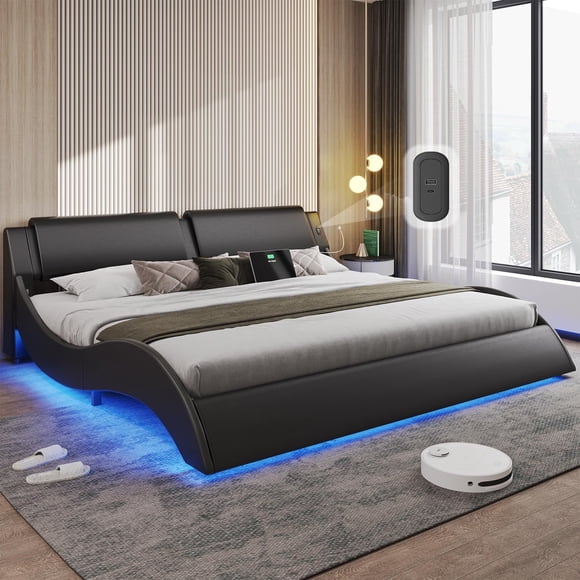 Led Bed Frame King Size Platform Bed Frame with LED Lights&USB Ports&Headboard,Low Profile Wave Like Curve King Bed, No Box Spring Needed, Black