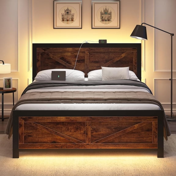 Led Bed Frame King Size with USB Charging Station, Industrial Platform Bed Frame with Farmhouse Barn Door Headboard, Strong Metal Slats Support, Noise Free, No Box Spring Needed, Brown