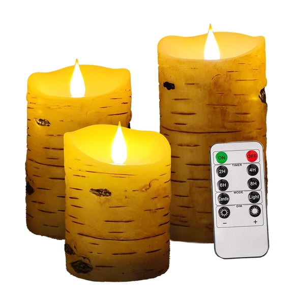 Yellow D 3”×H 4”5”6" Birch Bark LED Electric Candles Set of 3