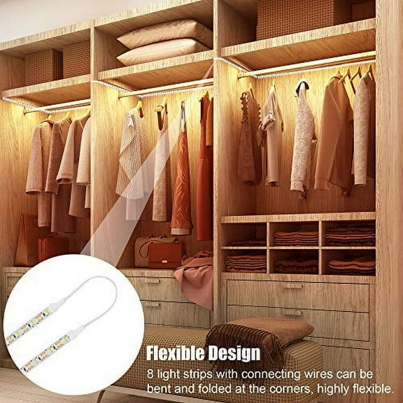 Led Under Cabinet Lighting Kit, 8 PCS Warm White Flexible Led Strip Lights with RF Remote and Power Adapter, for Kitchen Cabinet Shelf Desk Counter Corner, 8 Strips with Connecting Wires, 27