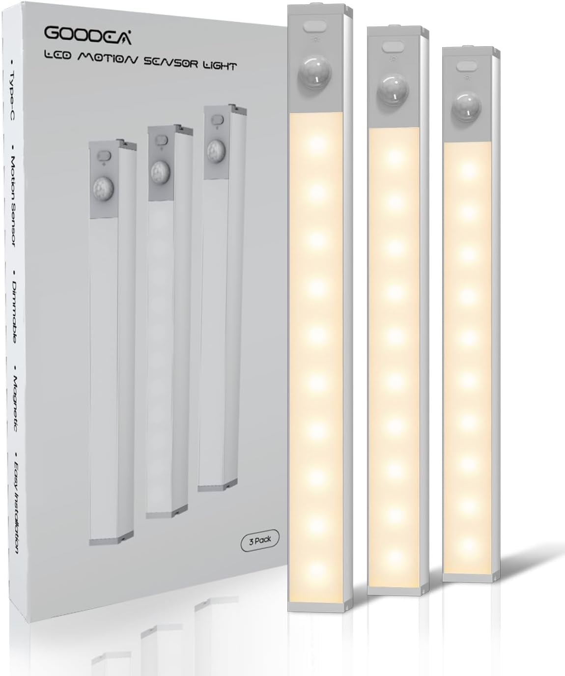 Led Under Cabinet Lights Wireless, 7’’ Rechargeable Motion Sensor Light Indoor, Dimmable Closet Lights for Cabinets, Bookshelf, Stair, Hallway Warm White 3 pcs
