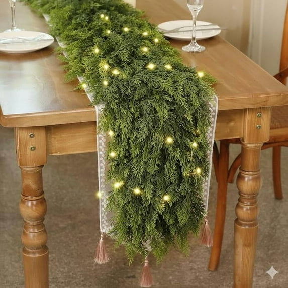 Led Christmas Garland with 50 Warm White Lights | Realistic Cedar Pine Garland for Fireplace Mantle, Wall, Table & Indoor Outdoor Holiday Decor