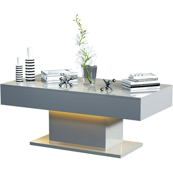 Led Coffee Table for Living Room, Living Room Table Rectangular Center Table, Modern High Glossy Wooden Coffee Tables with 16 Colors LED Lights for Dining Reception Room, Grey