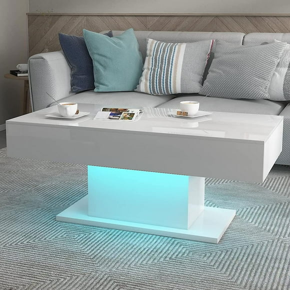 Led Coffee Table for Living Room, Living Room Table Rectangular Center Table, Modern High Glossy Wooden Coffee Tables with 16 Colors LED Lights for Dining Reception Room, White