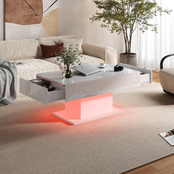 Hanyu Led Coffee Table for Living Room, Living Room Table Rectangular Center Table, Modern Wooden Coffee Tables with 16 Colors LED Lights for Dining Reception Room (White with 2 Drawers)