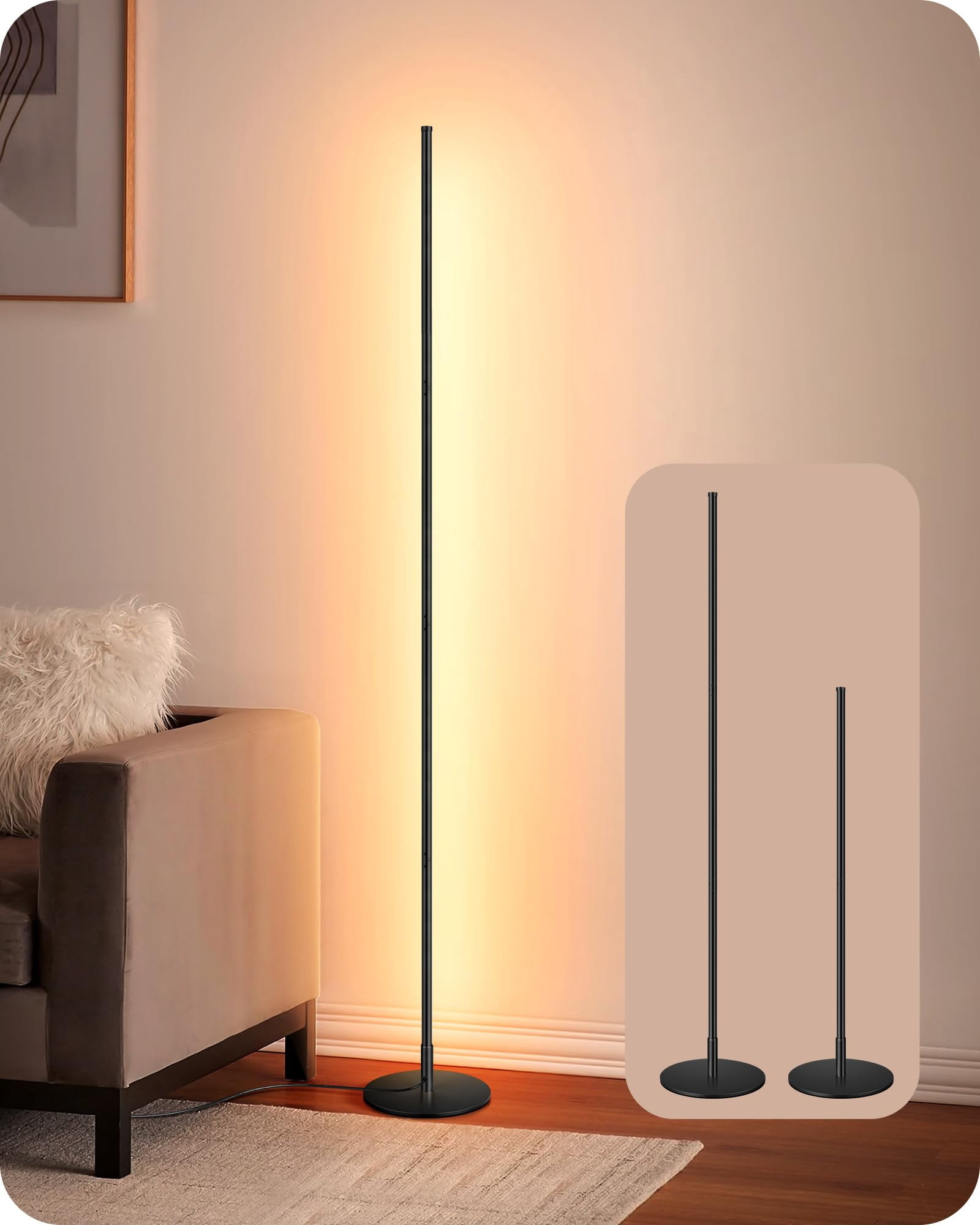 Led Corner Floor Lamp  57.5" Minimalist Dimmable Sleek Light Adjustable Height Standing Tall Lamps For Living Room Bedroom Office 3000k Warm White Black