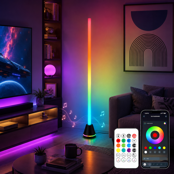 1 Pack LED Corner Floor Lamp with Speaker, Usb Powered Rgb Light, App & Remote Control, Music Sync for Bedroom Living Room