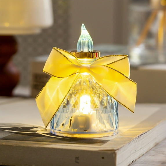 Led Crystal Candle Lights with Bow Christmas Table Decor Lighted Candle Ornaments for Holiday Table Centerpiece, Mantel, and Festive Home Party Decorations