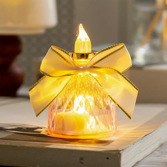 Led Crystal Candle Lights with Bow Christmas Table Decor Lighted Candle Ornaments for Holiday Table Centerpiece, Mantel, and Festive Home Party Decorations