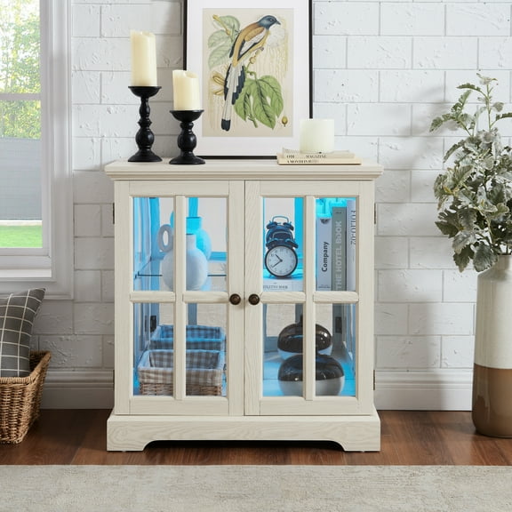Led Curio Showcase With Magnetic Door, Adjustable Shelves, Base, White Antique Bookcase Cabinet, Lighting, Home Decor