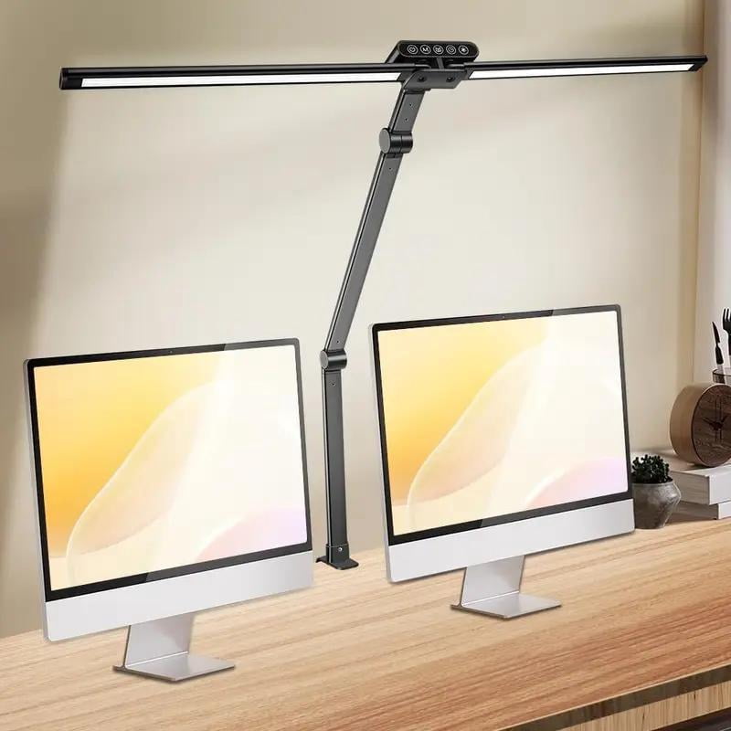 Led Desk Lamp with Clamp 24W Desk Lamps for Home Office Desk Lamp with Touch Function and Wireless Nemory Function, 5 Dimming Design (3000K-6000K) Double Head