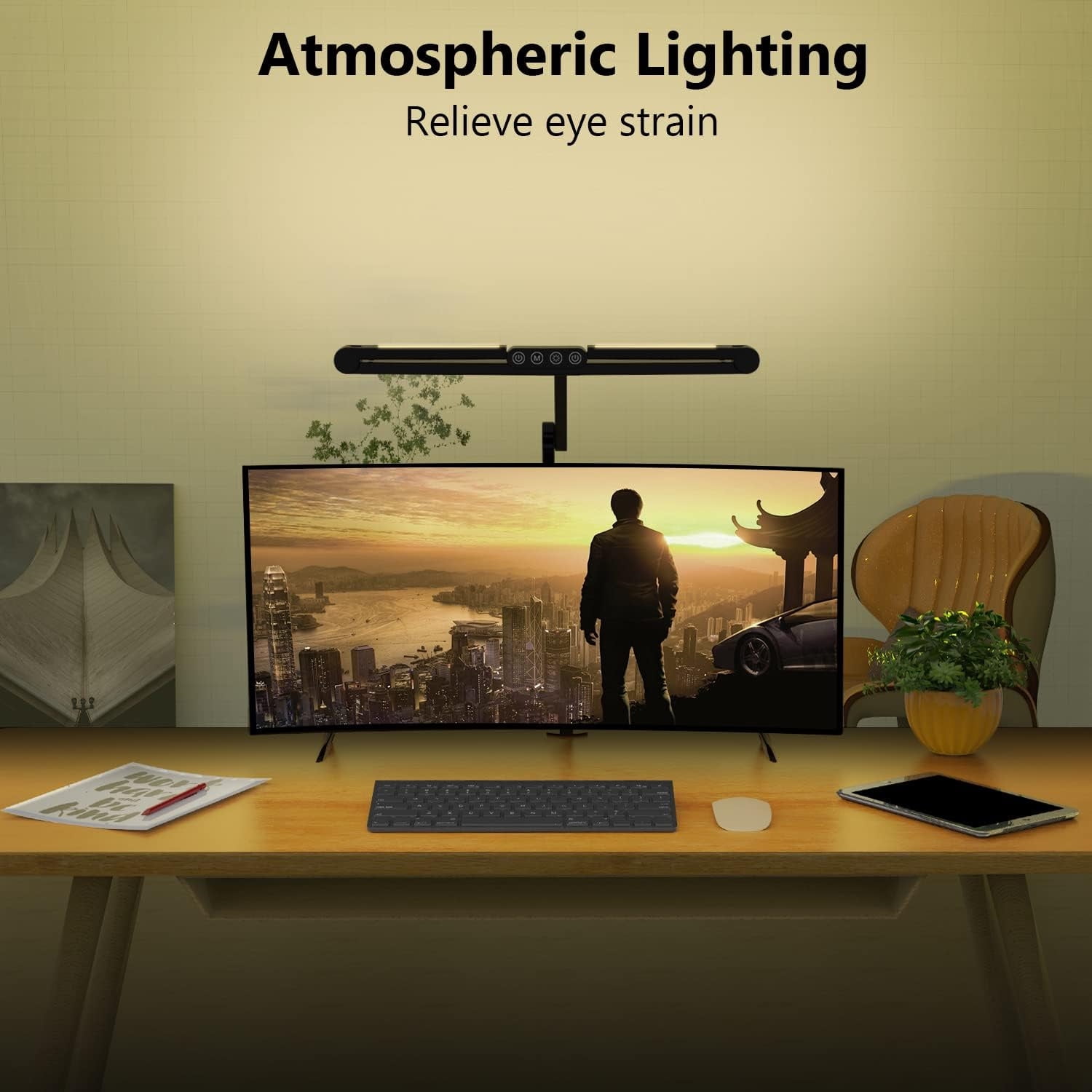 Led Desk Lamp with Clamp, Architect Desk Lamp for Home Office with Atmosphere Lighting, 24W Ultra Bright Auto Dimming Computer Light Stepless Dimming and Tempering LED Table Light