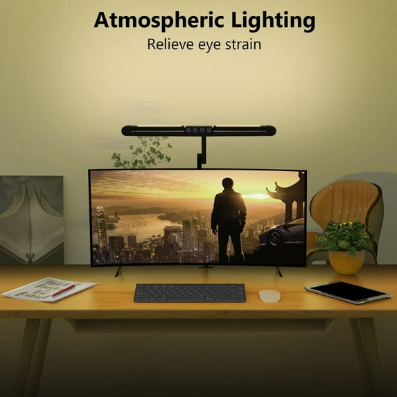 Led Desk Lamp with Clamp, Architect Desk Lamp for Home Office with Atmosphere Lighting, 24W Ultra Bright Auto Dimming Computer Light Stepless Dimming and Tempering LED Table Light