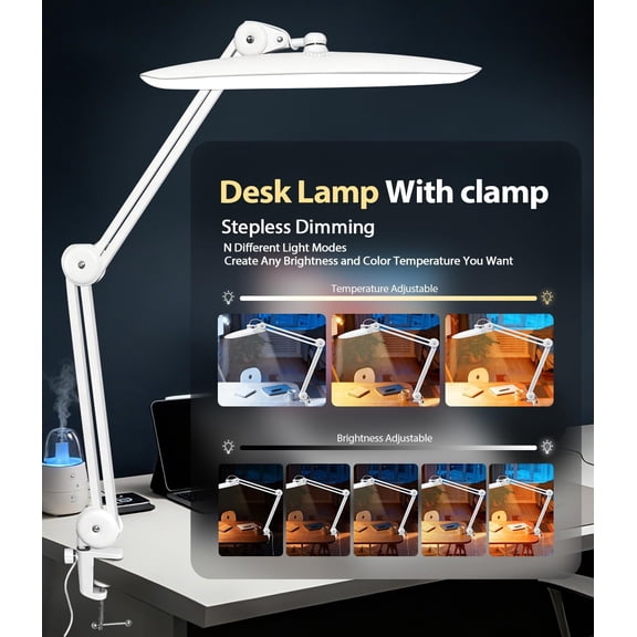 Jozlix Led Desk Lamp with Clamp, Eye Caring Architect Desk Light for Home Office, Dual Screen Computer Monitor Gooseneck Adjustable Arm 20" LED Lamp, Stepless Dimming, for Reading, Study, Workbench
