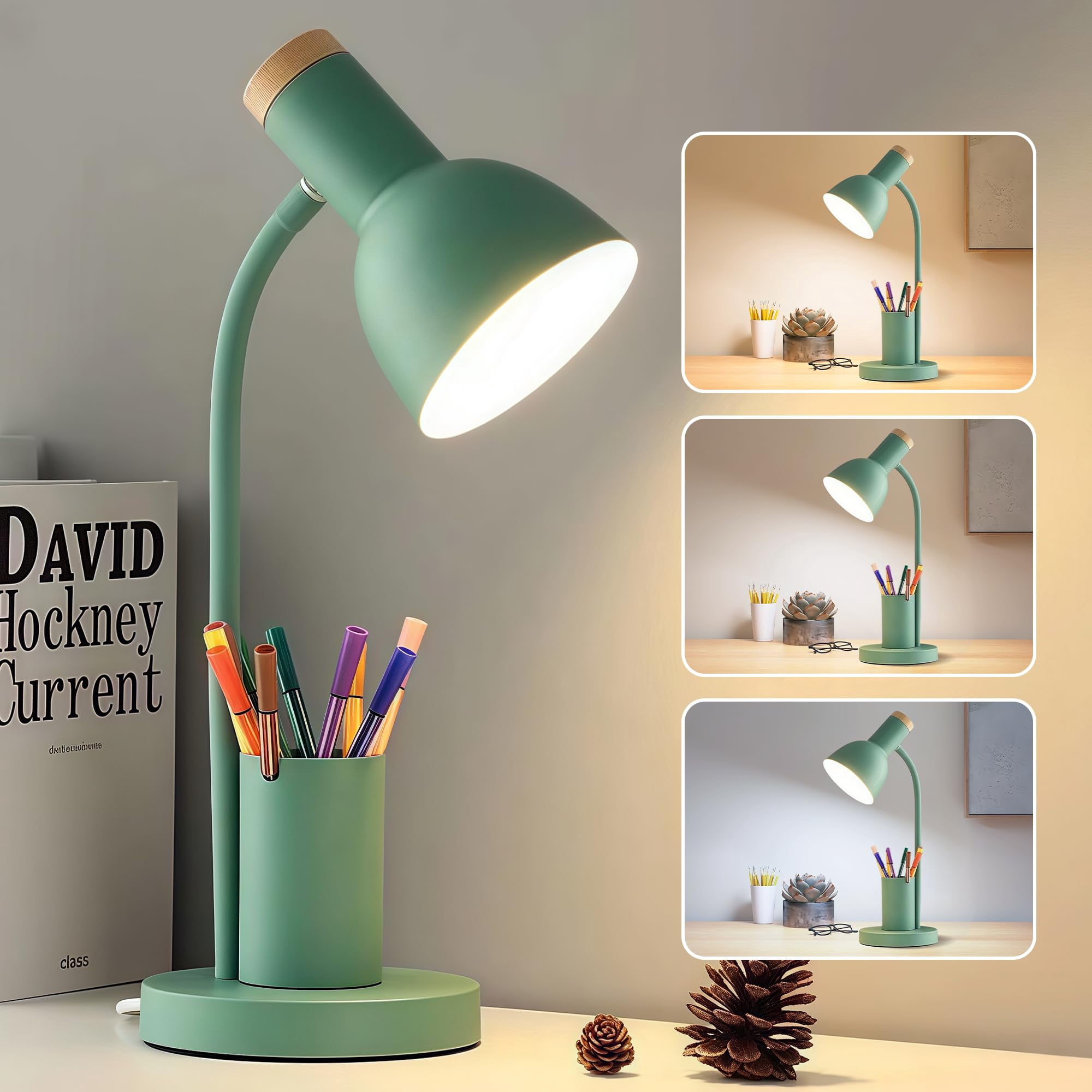 Led Desk Lamp For Home Office  Table With Pen Holder 3 Color Modes Reading Light Eye-caring Gooseneck Metal Study Dorm Bedside Bedroom (green Lamp)