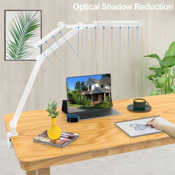 Led Desk Lamp for Home Office, White Architect Desk Lamp with Clamp for Crafting, 24W Bright Rotatable Led Table Light Stepless Dimming Tempering Wide Computer Light with Atmosphere Lighting