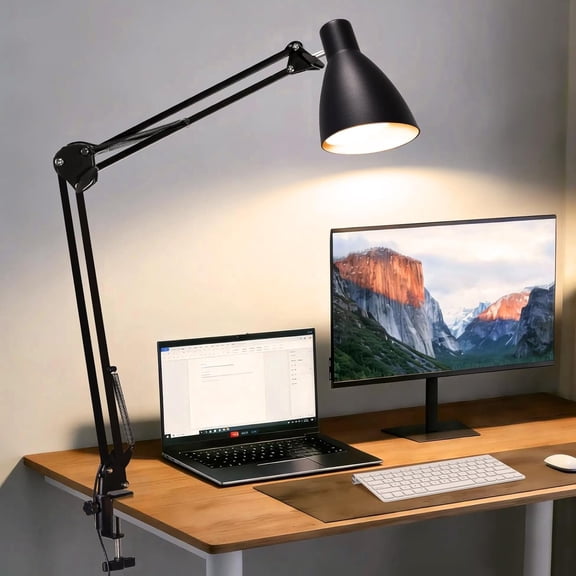 Led Desk Lamp for Office - Adjustable Gooseneck Table Stand with Clamp 5 Color Modes and 10 Brightness for Architect Puzzle Light Reading Craft Work Study Sewing(Black)