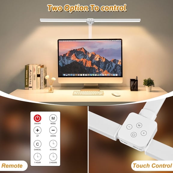 Led Desk Lamp For Office Dorm Home - Eye Caring Light With Timer Remote Control 24w Brightest Dual Screen Computer Monitor Gooseneck Dimmable Table Anti-glare Cover Clamp & Base