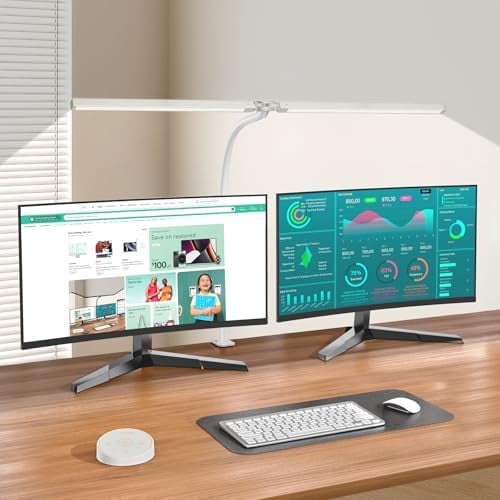 Led Desk Lamp for Office Home - Eye Caring Architect lamp with Clamp,Dual Screen Computer Monitor Work Smart Light: 24W 5 Color Flexible Adjustable Lighting Table Lamp for Study Drafting Beige