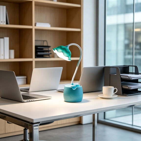 Led Desk Lamp with Pen Caddy Eye Protection Study Light Gooseneck Rechargeable Reading Lamp for Dorm Room Adjustable Flower Shaped Home, Blue, Ccwuwei