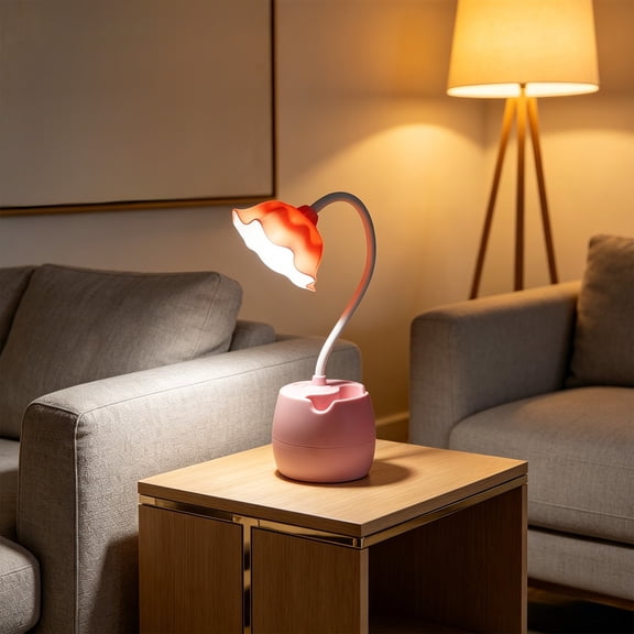 Led Desk Lamp with Pen Caddy Eye Protection Study Light Gooseneck Rechargeable Reading Lamp for Dorm Room Adjustable Flower Shaped Home, Pink, Ccwuwei