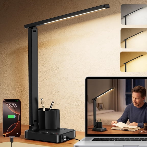 Led Desk Lamps For Home Office Modern Dimmable Eye Caring Light With Usb Charging Ports Ac Outlet Pen Holder Touch/memory/timer Small Table Lamp Reading Bedroom Study Craft
