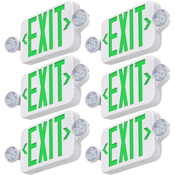 Led Exit Sign Emergency Light Combo Adjustable Two Head,Double Sided and Battery Backup Exit Light,Green Letter Hardwired Emergency Exit Sign,AC 120/277V,UL Listed,Ceiling&Wall Mount (6 Pack)