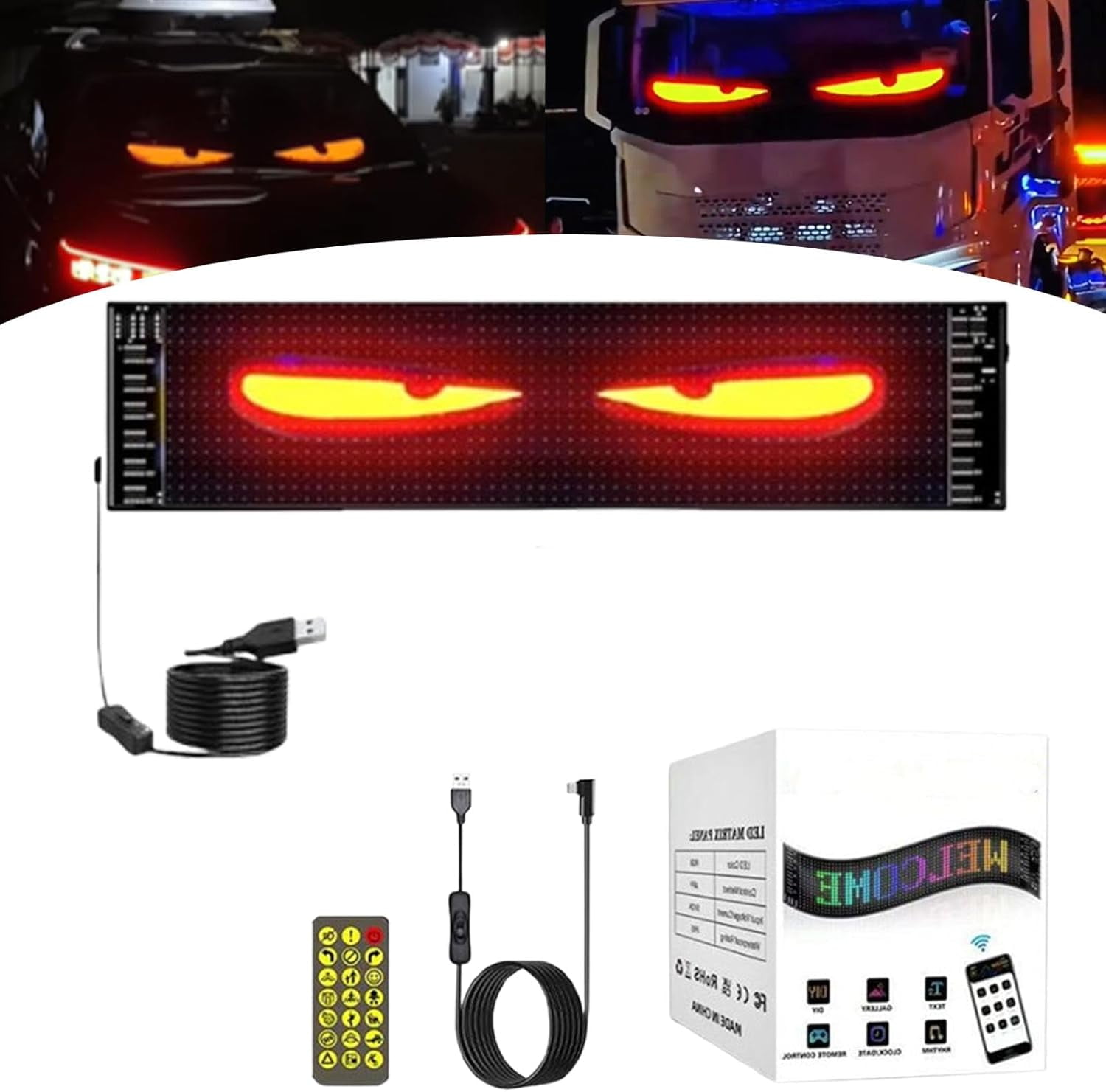Led Eyes for Truck Windshield, Devil Eyes Light for Cars, Flexible Led Digital Display, Colorful Eye Lamp Soft Screen for Car Windows (1pc, 16 * 64 cm/3.6 * 14.7in)
