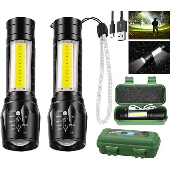 Led Flashlight Rechargeable USB Mini Small Light Super Bright Handheld Portable Pocket Flash Light with COB Side Searchlight High Lumens Zoomable Camping 2 Pack