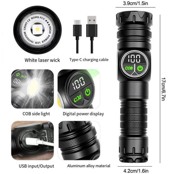 Led Flashlight With Type-C Recharge And Dual Switches, Magnetic Bottom Base