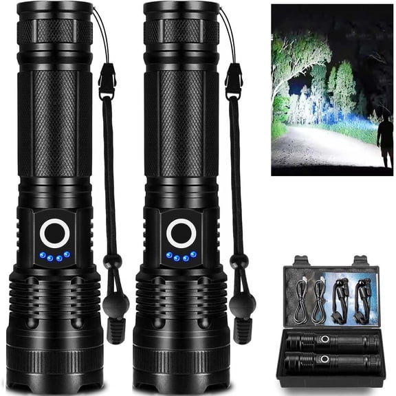Led Flashlights High Lumens Rechargeable 2 Pack, 99000 Lumen Super Bright Fashlight with 5000Ah attery, Waterproof Powerful Flash Light Multifunctional Flashlights for Home Camping Hiking