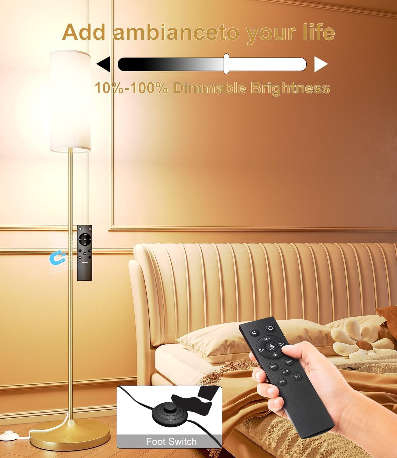 Led Floor Lamp For Living Room  Dimmable Standing Lamps With Foot Remote Custom Color Temperature Pole Lampshade 12w Bulb Tall Bedroom Office