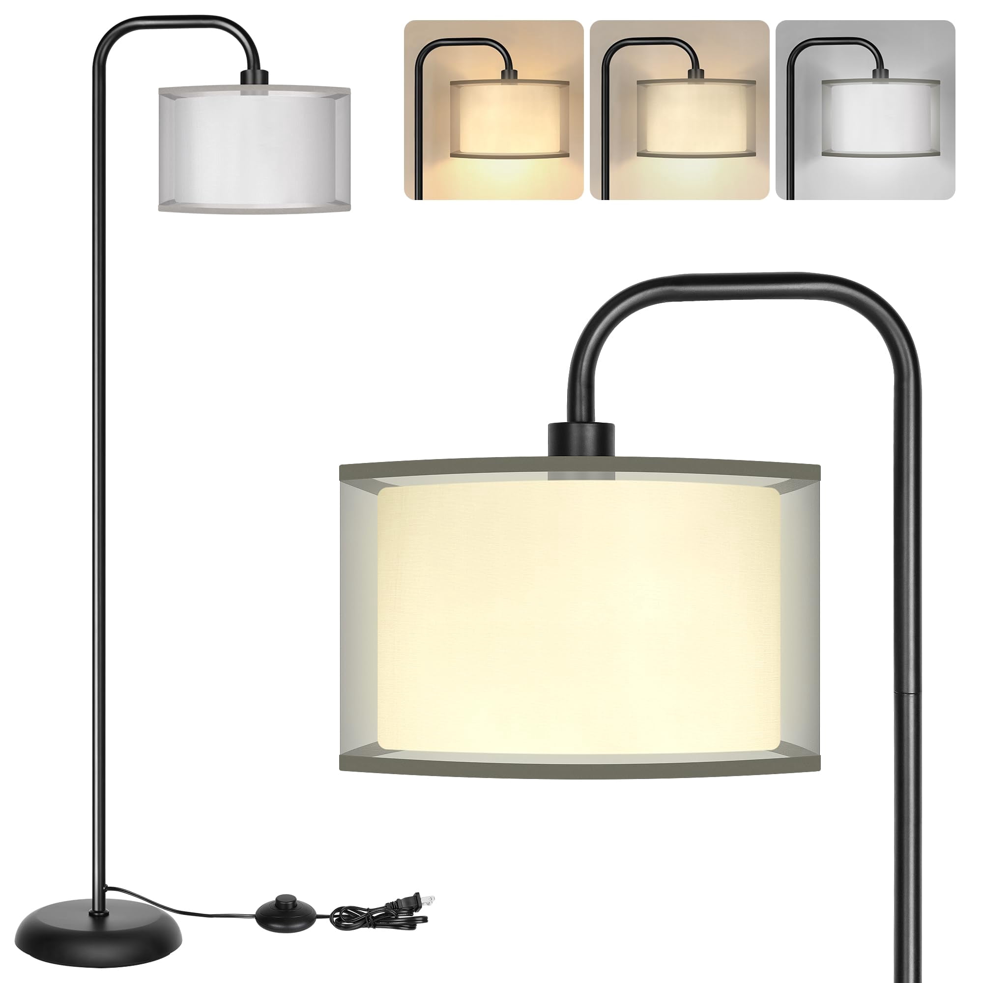 Led Floor Lamp For Living Room  Modern Standing With Foot Grey Organza Fabric Shade Tall Pole Reading Bedroom Study Office 9w Bulb Included