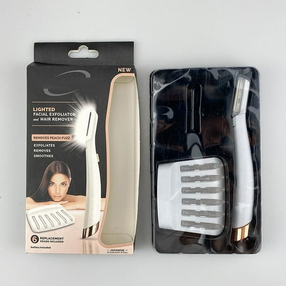 LED Manual Razor - Finishing Dermaplane Glo Lighted Facial Exfoliator, Non-Vibrating, 6 Replacement Heads, Precision Skin Exfoliator, White/Rose Gold, Beauty, Facial Grooming, Spa, Makeup Organizers