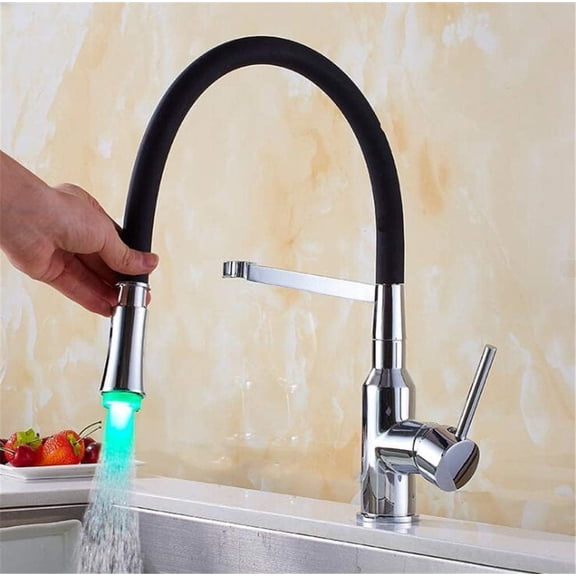 Led Kitchen Faucets with Rubber ChromeNickel Mixer Faucet for Kitchen Single Handle Pull Down Mixer Tap Crane for Sinks with Aerator Retro,Chrome with Led