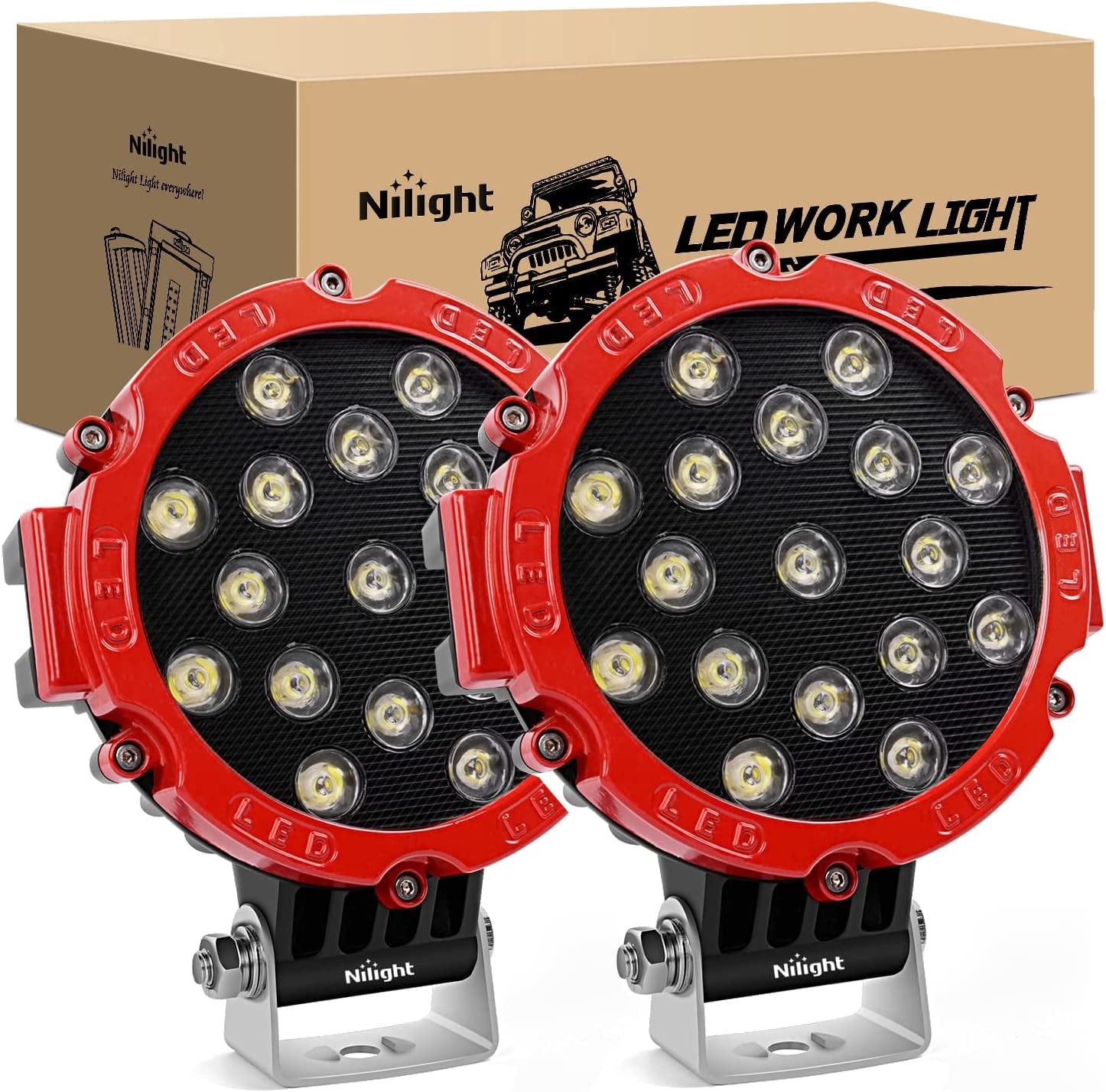 Nilight Led Light Bar 2PCS 7" 51W 5100LM Red Round Spot LED Light Pod Off Road Fog Driving Roof Bar Bumper for Jeep Truck ATV UTV SUV