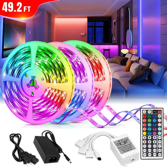 Led Light Strip, 49.2ft RGB Led Light for Bedroom, 3528 LED Tape Lights, Color Changing LED Rope Lights with Remote for Home Room Office Decorations