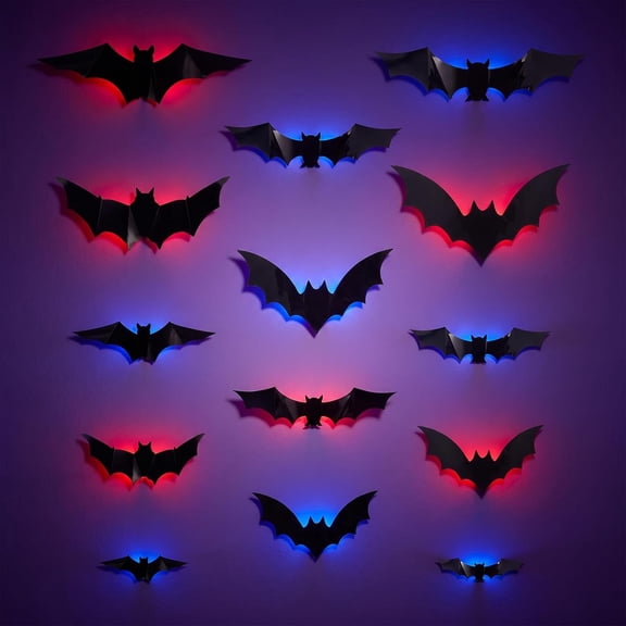 Led Light Up Bats Wall Decor 3D Foldable Wings with Red and Blue Lights for Wall Display, 10 Assorted Shapes