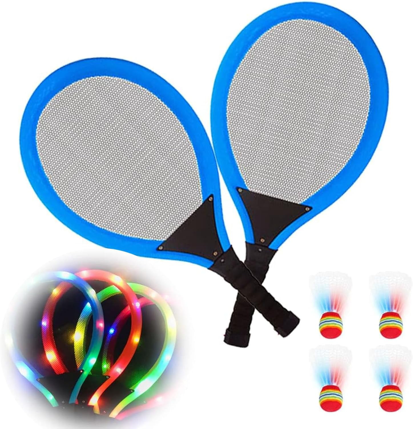 Led Light-Up Oversized Badminton Set with 2 Player Grip Tapes Badminton Racket 2/4 PCS Light-Up Shuttlecocks, Family Entertainment Outdoor Night Light Training LED Badminton Racket Sets Sport