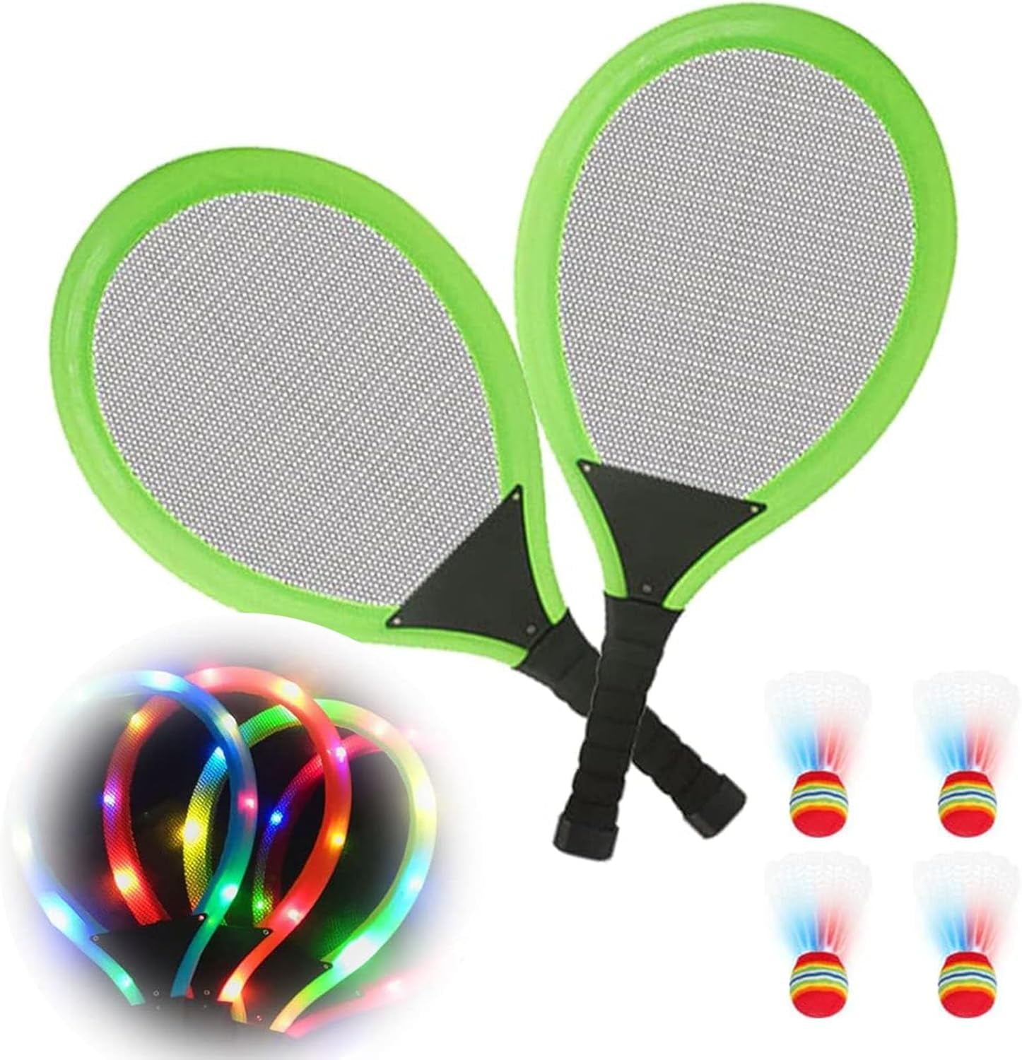 Led Light-Up Oversized Badminton Set with 2 Player Grip Tapes Badminton Racket 2/4 PCS Light-Up Shuttlecocks, Family Entertainment Outdoor Night Light Training LED Badminton Racket Sets Sport