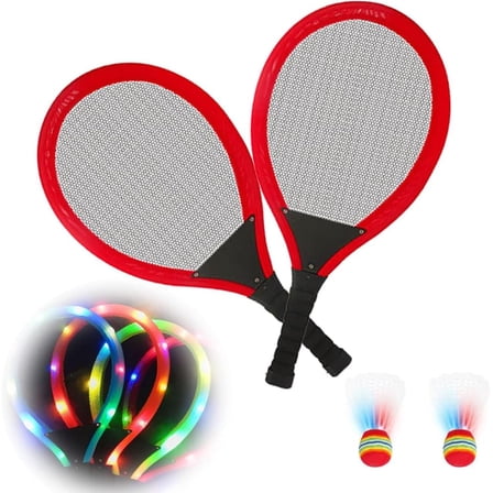 Led Light-Up Oversized Badminton Set with 2 Player Grip Tapes Badminton Racket 2/4 PCS Light-Up Shuttlecocks, Family Entertainment Outdoor Night Light Training LED Badminton Racket Sets Sport