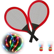 Led Light-Up Oversized Badminton Set with 2 Player Grip Tapes Badminton Racket 2/4 PCS Light-Up Shuttlecocks, Family Entertainment Outdoor Night Light Training LED Badminton Racket Sets Sport