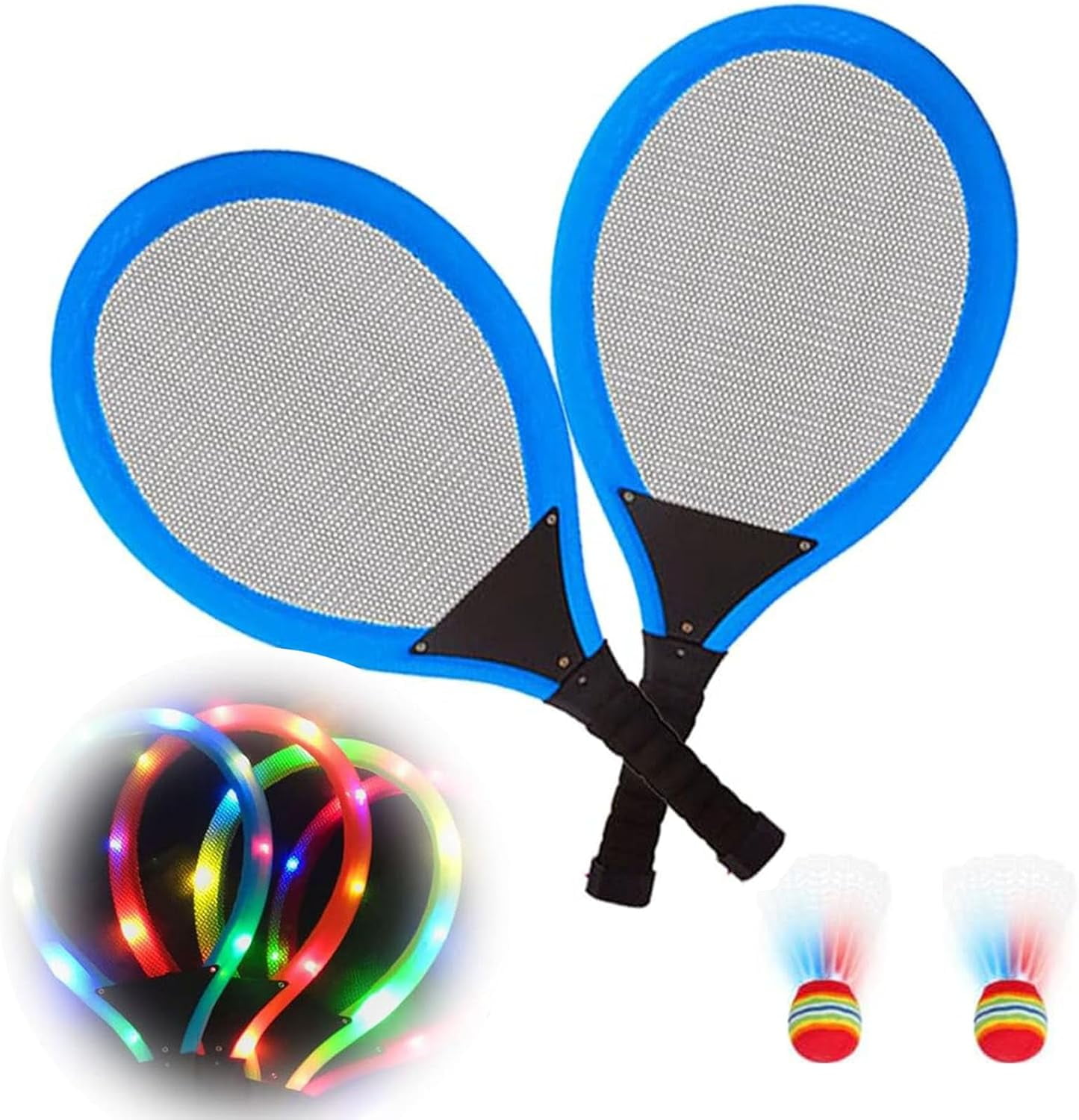 Led Light-Up Oversized Badminton Set with 2 Player Grip Tapes Badminton Racket 2/4 PCS Light-Up Shuttlecocks, Family Entertainment Outdoor Night Light Training LED Badminton Racket Sets Sport