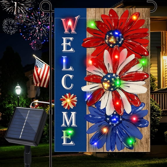 Led Lighted 4th of July Garden Flag, 12x18 in Double Sided Patriotic Solar Fourth Red White and Blue Floral Yard Flag Outdoor Decor for Patio Lawn, Home Porch