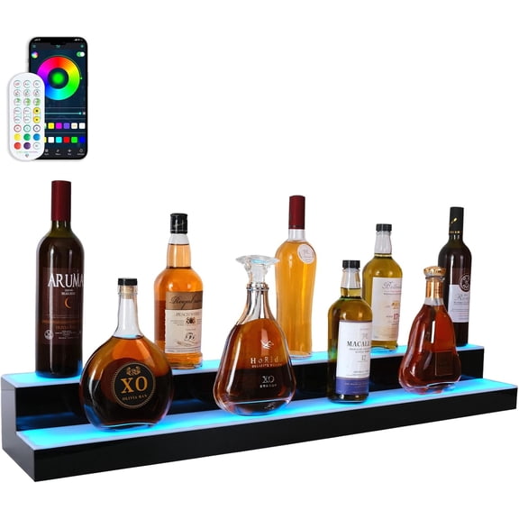 Led Lighted Liquor Bottle Display Shelf, 30 Inch 2 Tier Whiskey Rack, Support USB, Bar Stand with RF Remote & App Control, Illuminated Acrylic Lighting Shelves for Home Bar, Party