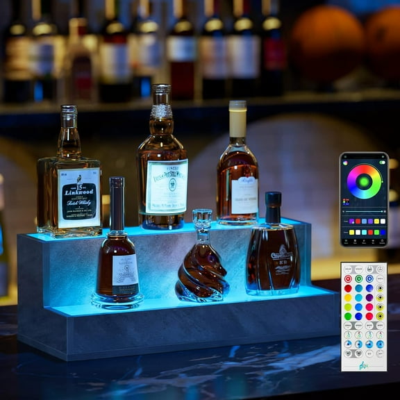Led Lighted Liquor Bottle Display Shelf, Bar Display Shelf, DIY Illuminated Bottle Shelf with App & Remote Control, 3 Step (Grey, 20 inch-2 Step)