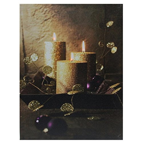 Led Lighted Shimmering Glittered Candles Christmas Canvas Wall Art, 15.75" X 12", Gold